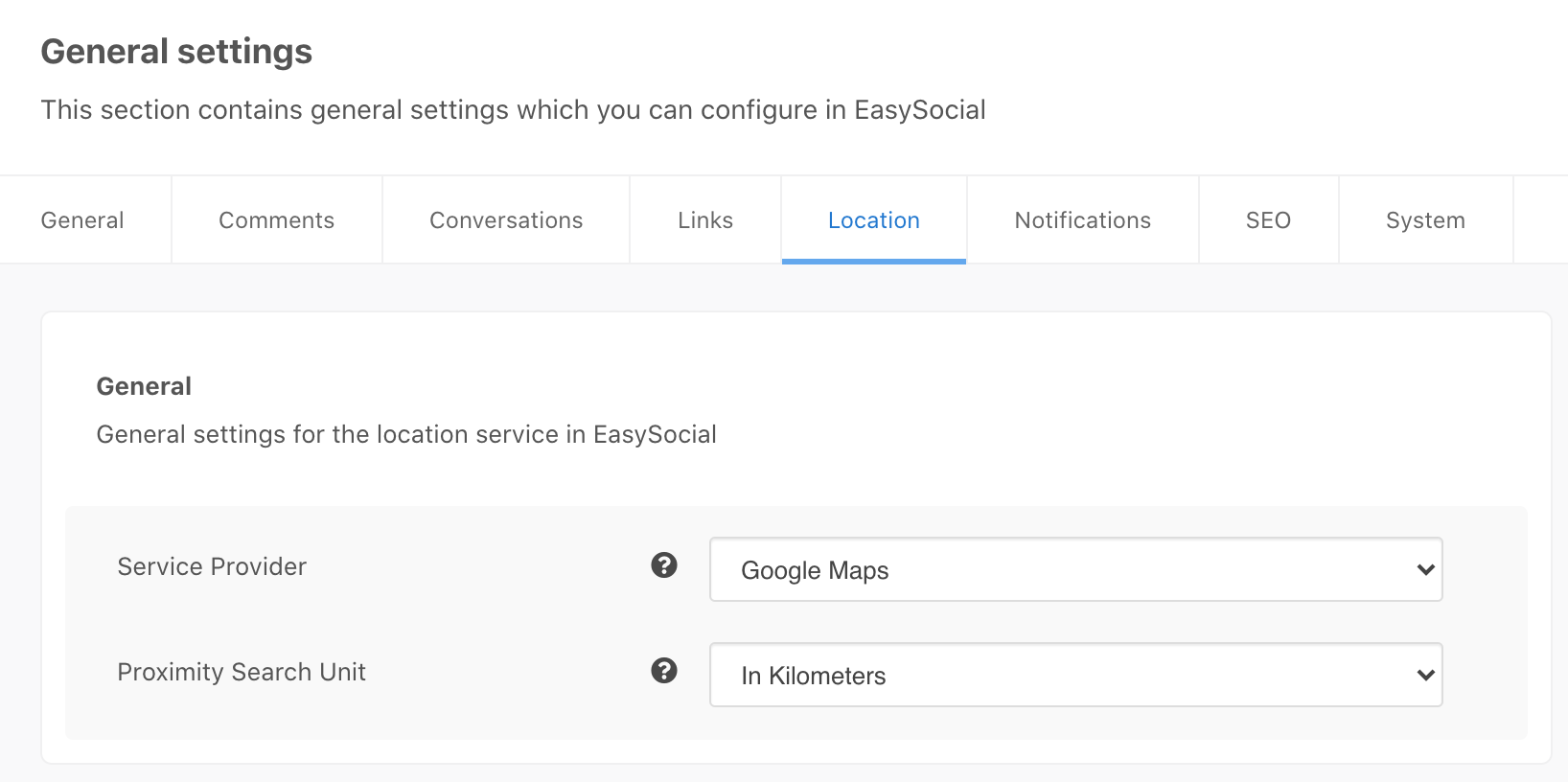 EasySocial Location Services Settings