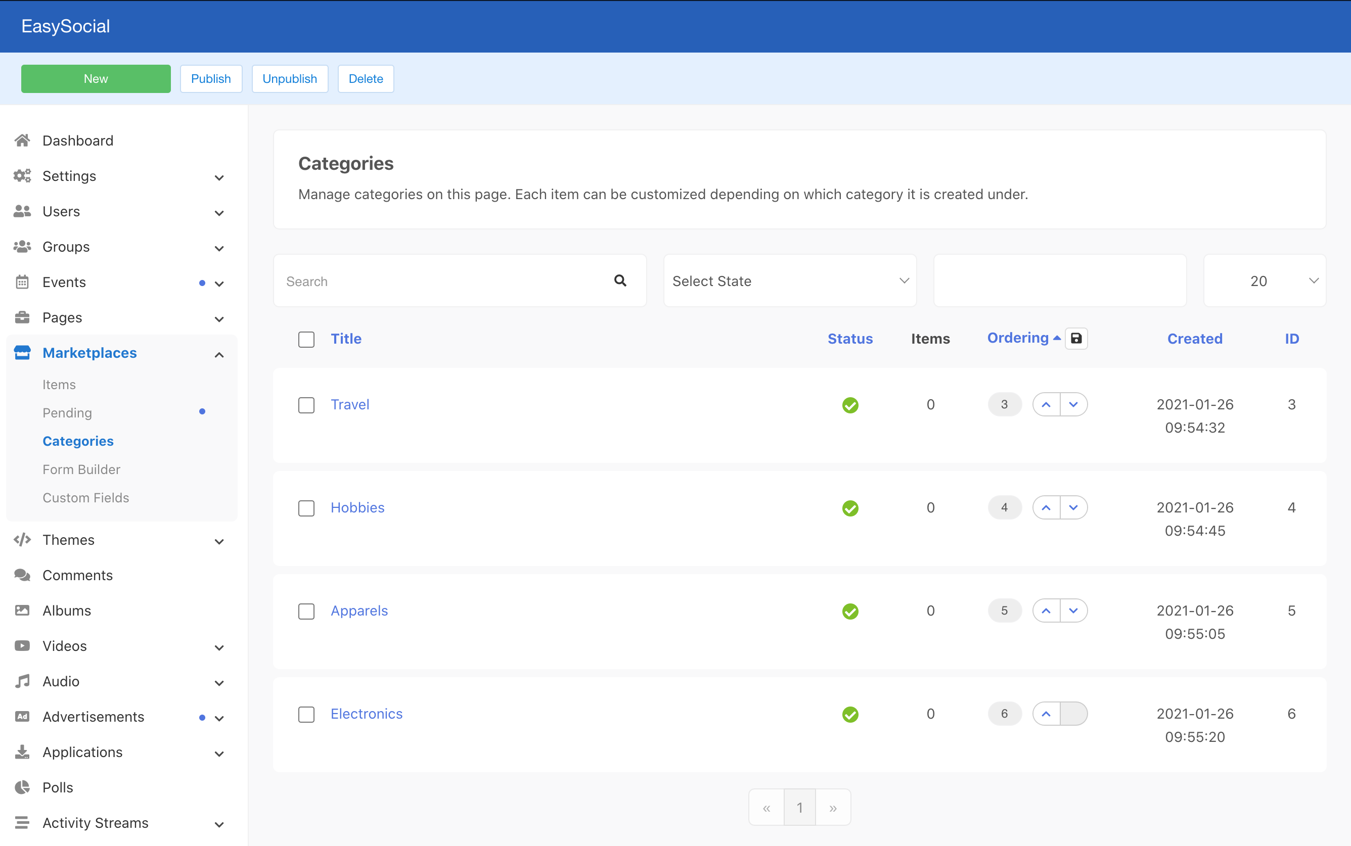 MarketPlaces Categories Listing