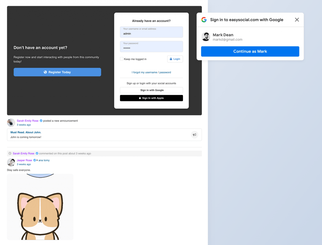 Google Onetap desktop for EasySocial Joomla