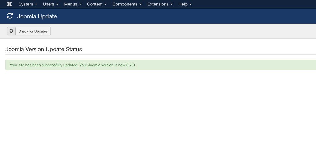Joomla 3.7 update complete screen