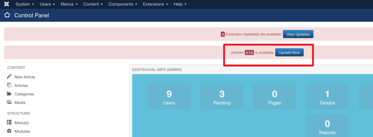 Joomla 3.7 update notice