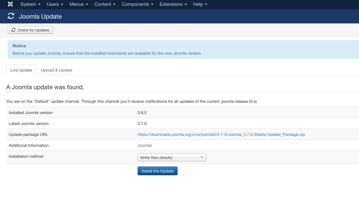 Joomla 3.7 update screen
