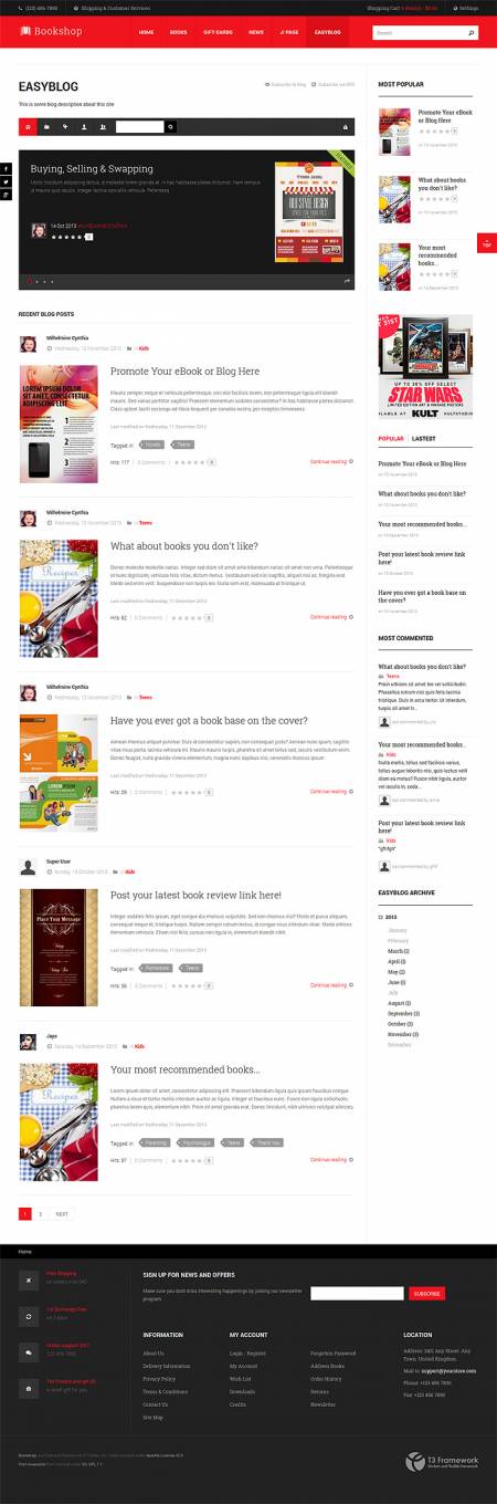 JA Bookshop Joomla template supports EasyBlog