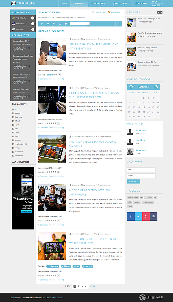 BT Magazine by BowThemes support EasyBlog for Joomla 3.x