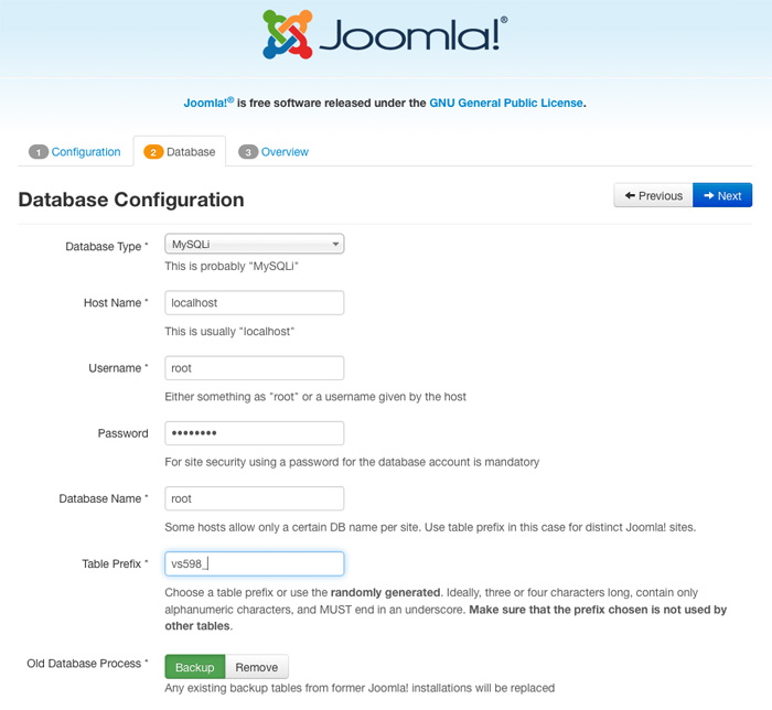 Configure database for Joomla