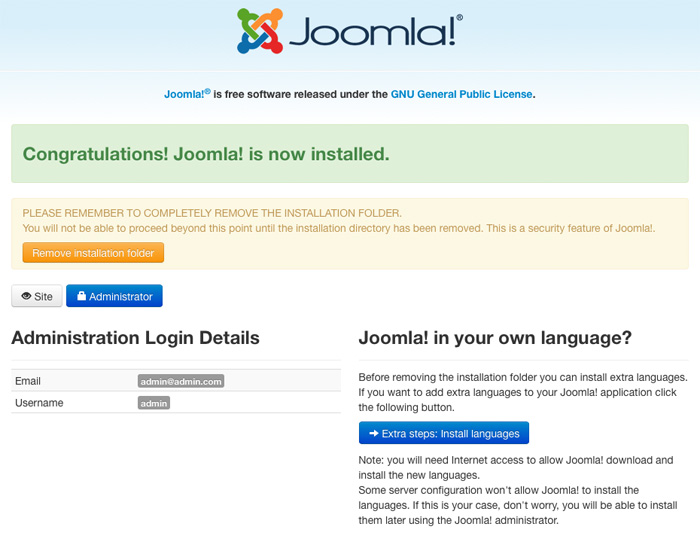 Completing Joomla installation