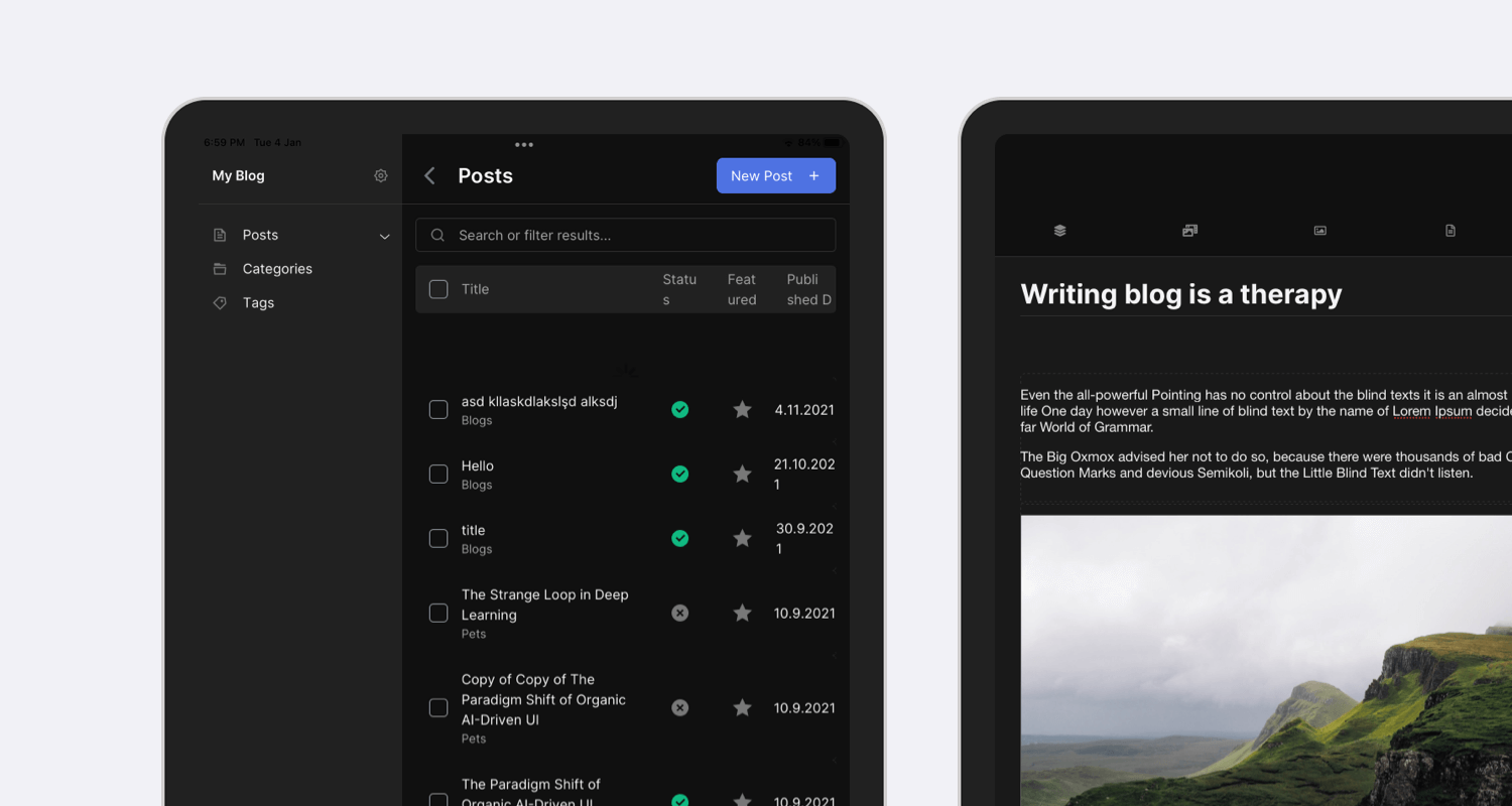 EasyBlog Dark Mode on Tablet Screenshot