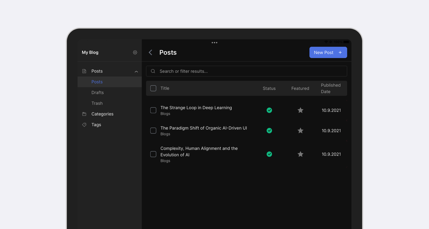 EasyBlog Tablet Posts Management Screenshot