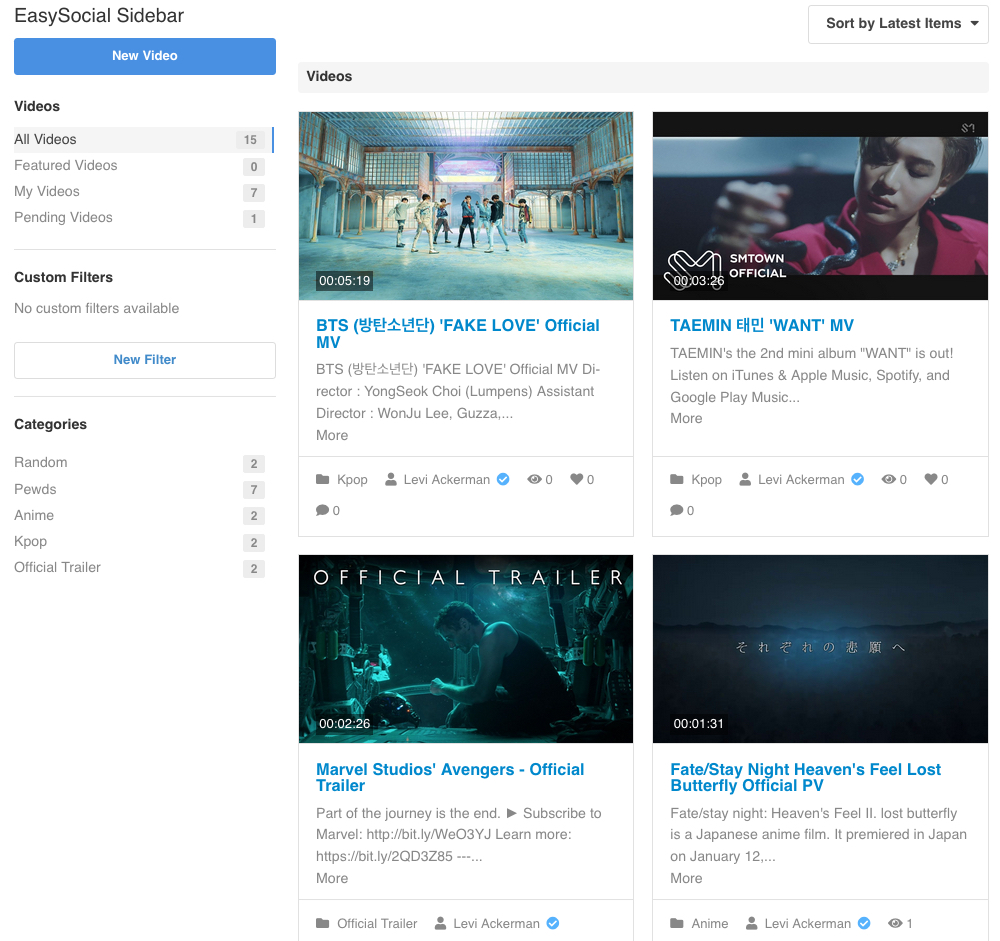 EasySocial - Categories for Videos