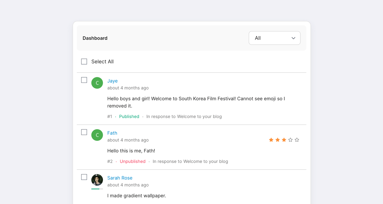 Komento frontend dashboard